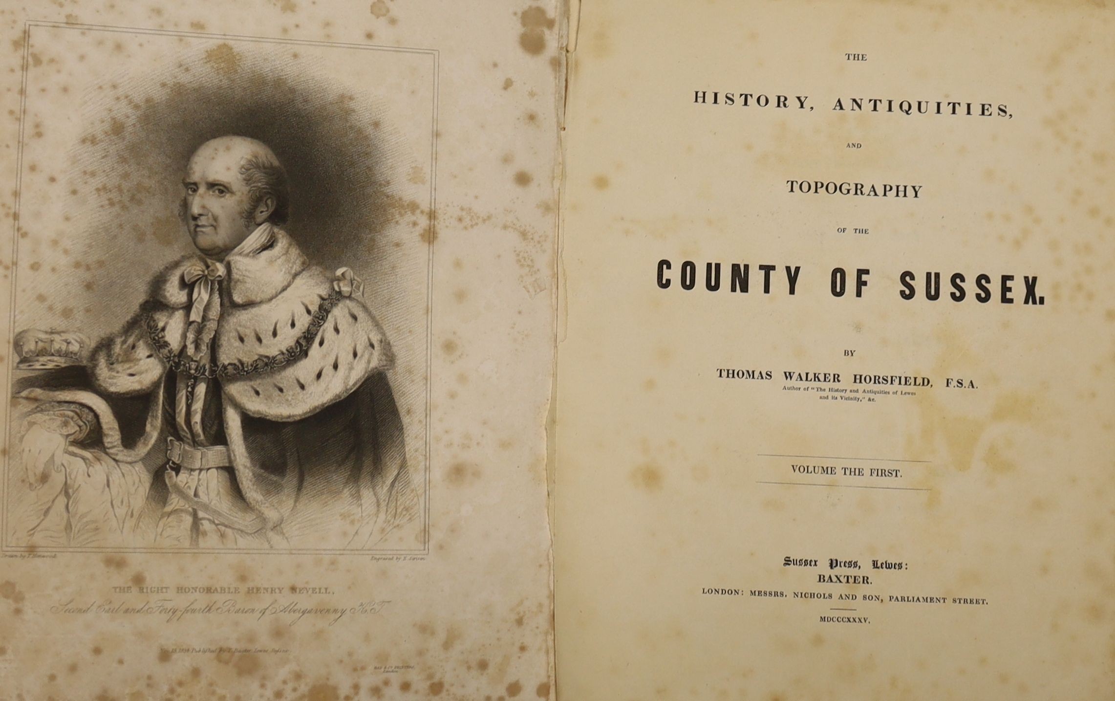 Horsfield, Thomas Walker - The History, Antiquities and Topography of the County of Sussex, 2 vols, folio, half calf, front board detached in vol 1, Baxter, Lewes, 1835 and Putron, P de Rev. - Nooks and Corners of Old Su